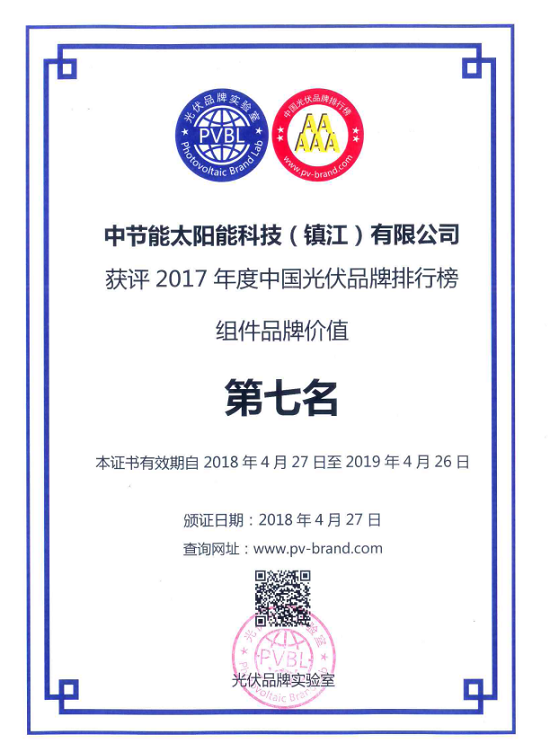 2017年組件品牌價(jià)值第九名